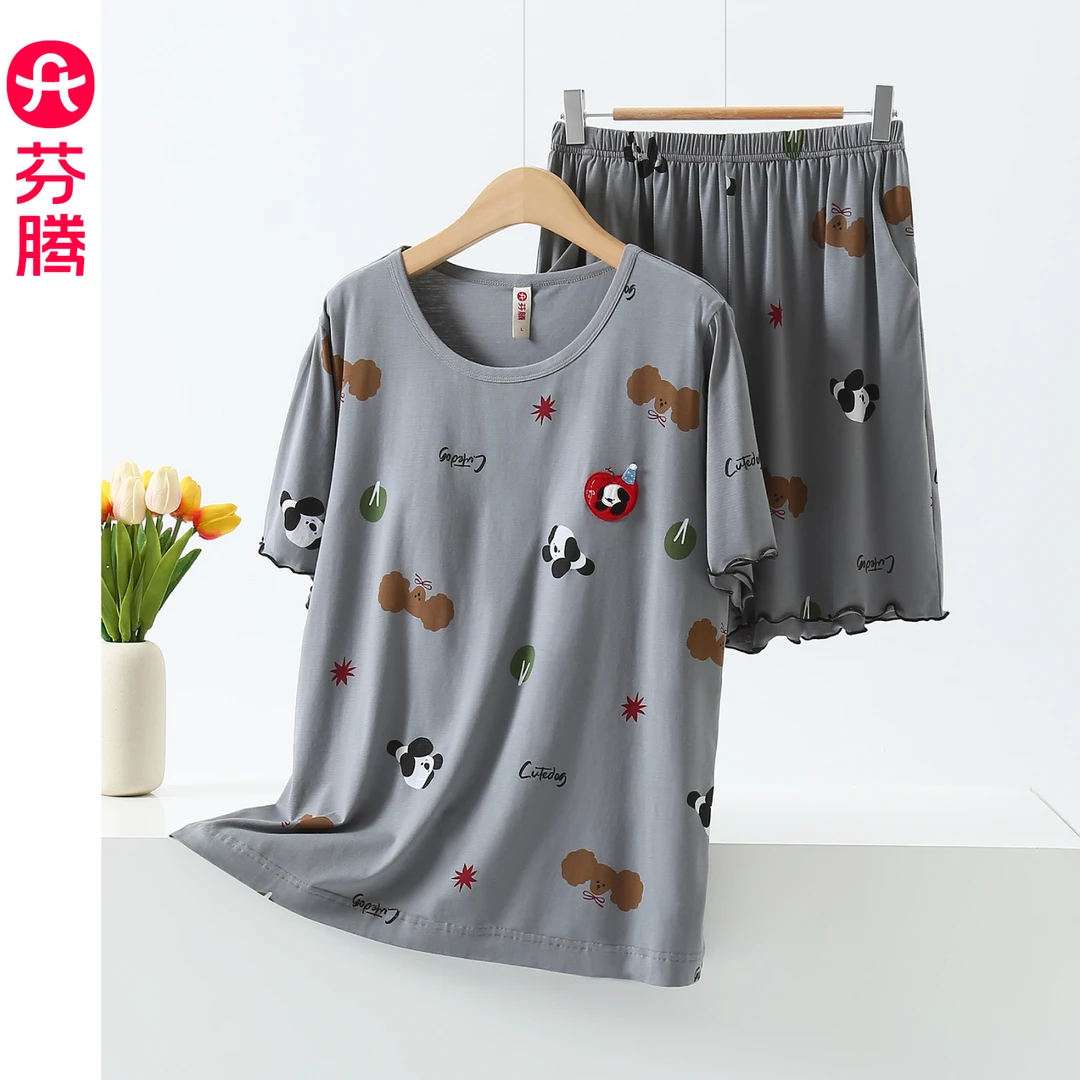 芬腾带胸垫睡衣女夏季薄款短袖短裤卡通莫代尔棉可外穿家居服套装