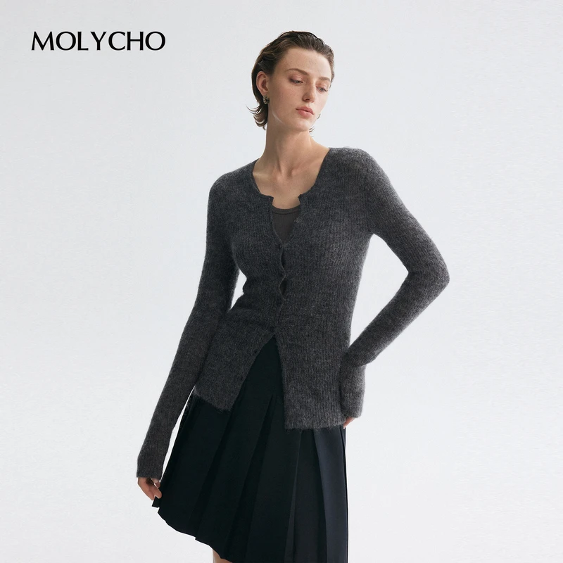 MOLYCHO  |  时髦空气感_亲肤圆领长袖针织衫女_修身显瘦开衫上衣