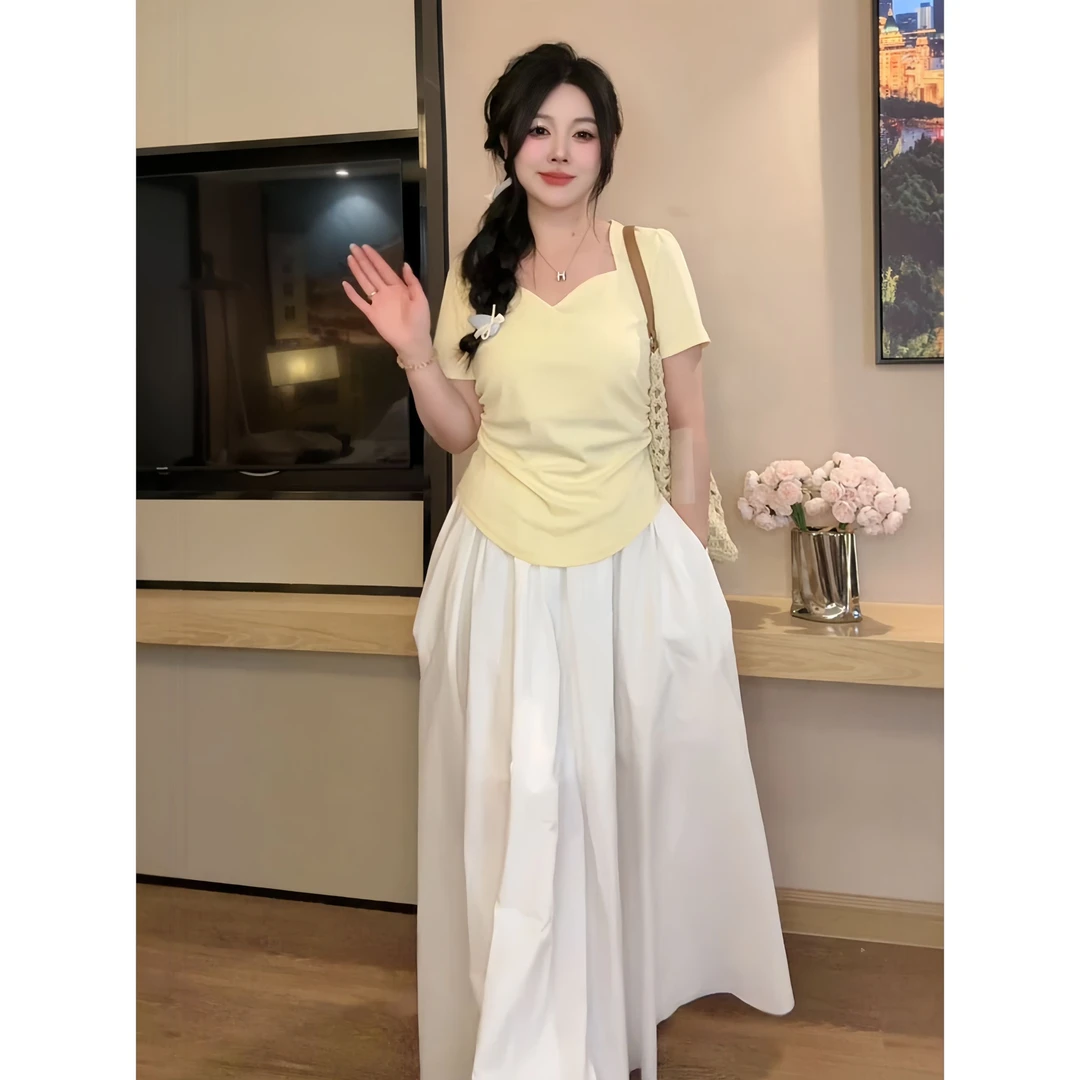 【长裙】大码胖mm设计感欧若风纯色褶皱长裙子宽松显瘦遮肉拖地裙子