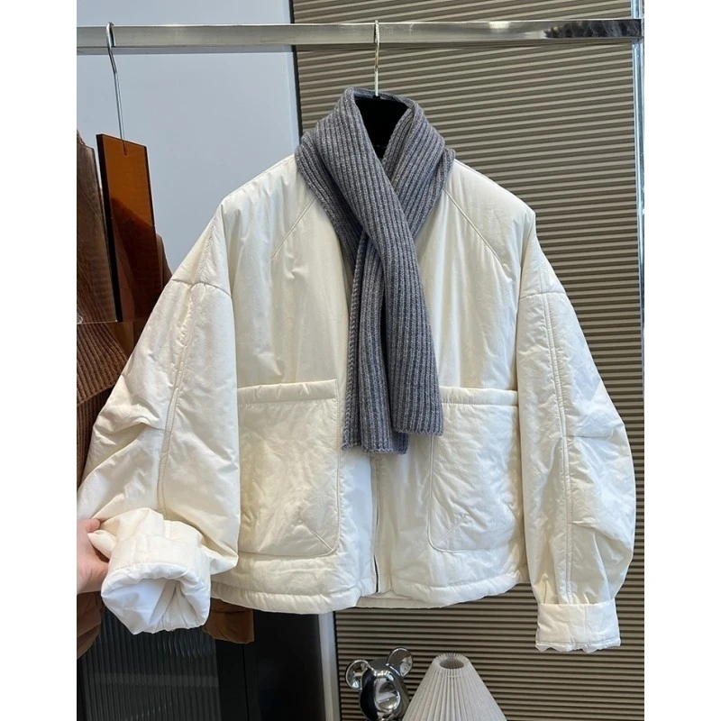 03498今年流行针织围巾叠穿大口袋棉服女秋冬款宽松保暖棉衣外套