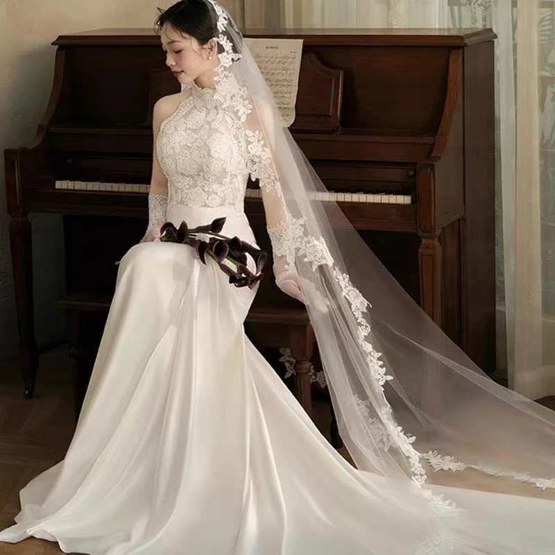 新娘头纱主婚纱复古蕾丝长款森系高级感头饰结婚跟妆造型YN0139