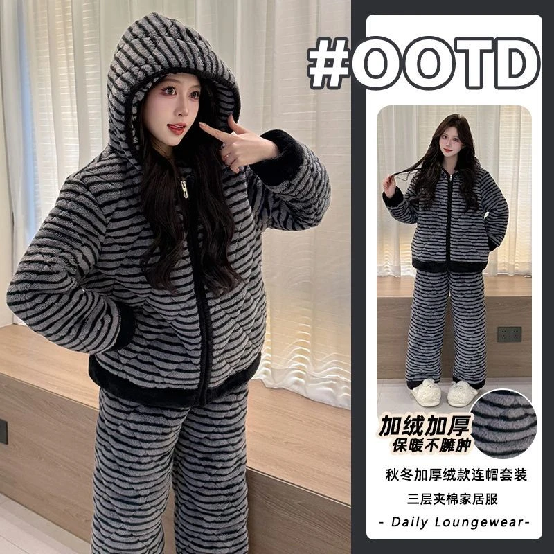 加绒加厚2025冬季睡衣女条纹珊瑚绒三层夹棉长毛绒保暖家居服外穿