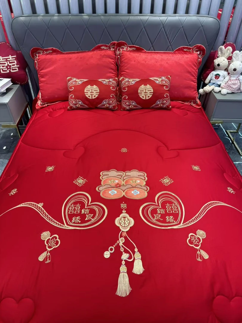 花嫁喜事刺绣高档结婚婚房大红婚嫁喜被子