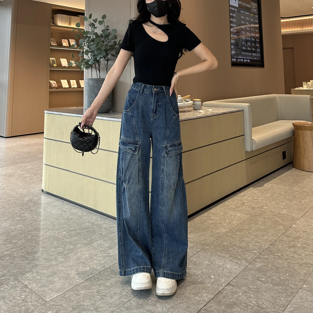 7600 W复古高腰工装牛仔裤女2025新款秋季宽松百搭直筒裤子