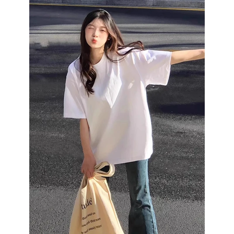 盐系小白体2025夏季新款休闲简约白色纯棉短袖t恤女oversize上衣