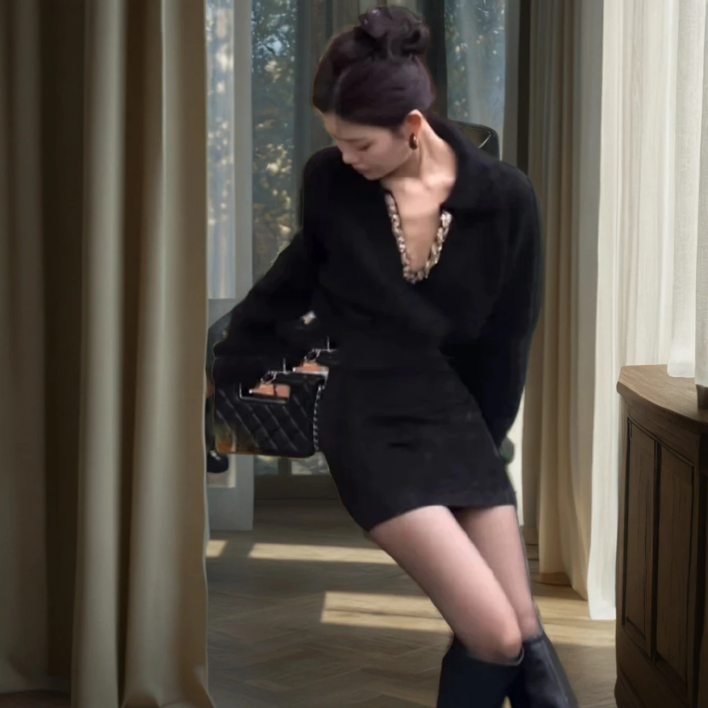 2025新款复古好莱坞高定简约V领梦幻春季毛衣连衣裙潮流必备