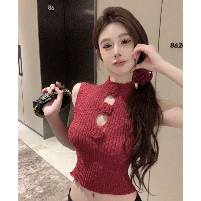 温柔辣妹设计感立体花朵镂空高级洋气修身显瘦无袖针织背心上衣女