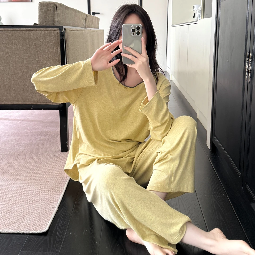 带胸垫睡衣女新款春秋季长袖长裤简约宽松柔软亲肤家居服套装外穿