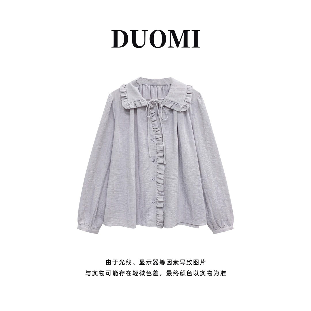 【DUOMI】春季新款女装百搭时尚小众风格设计感领口系带衬衫Q60231