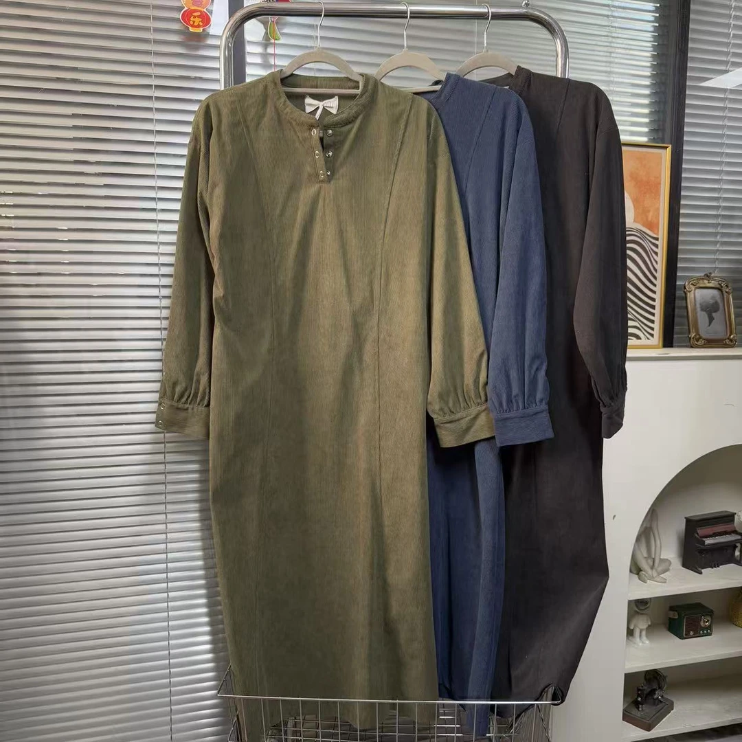 【外贸精品】003 文艺纯色套头细坑条按扣宽松 连衣裙