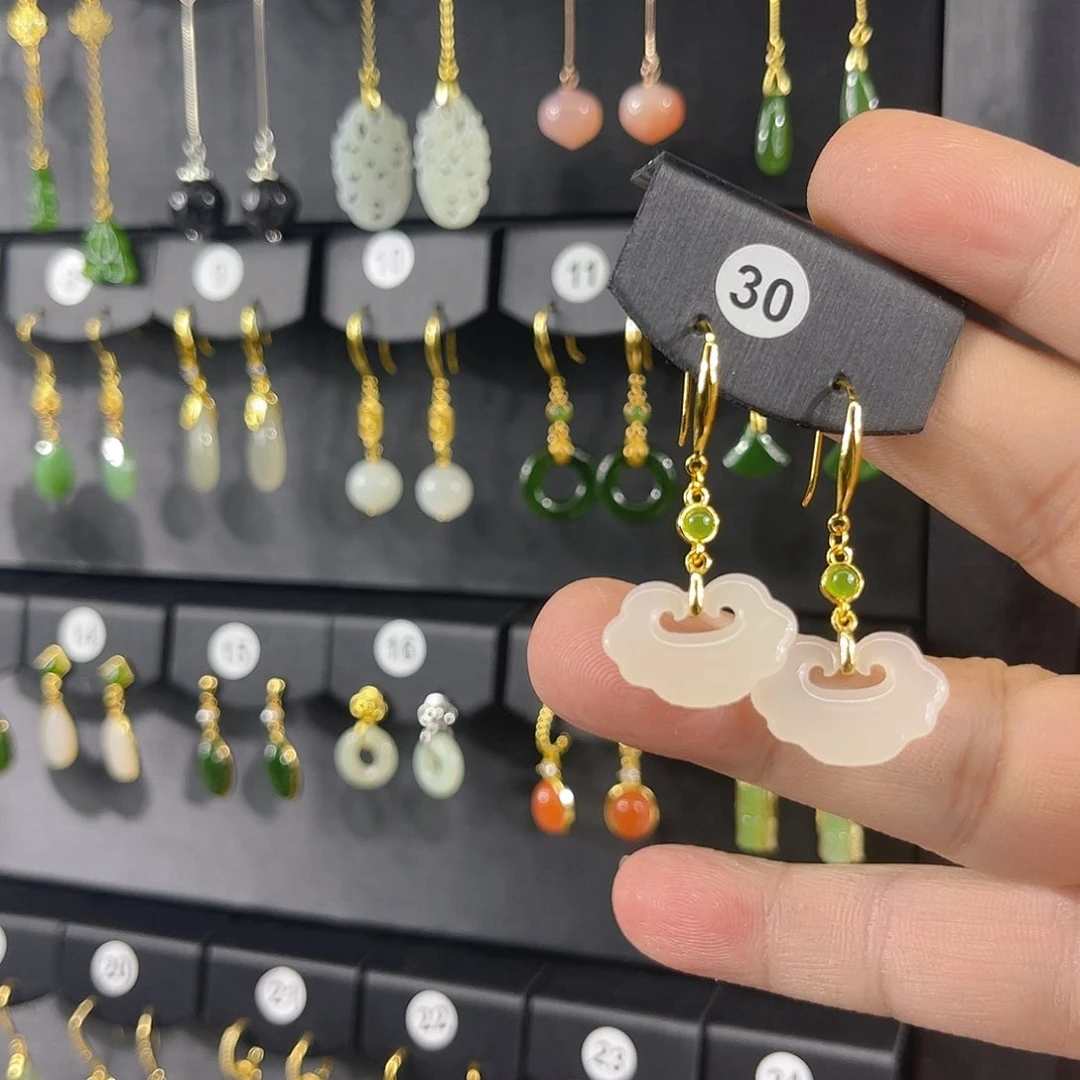 和田玉银S925镶嵌耳饰蓉