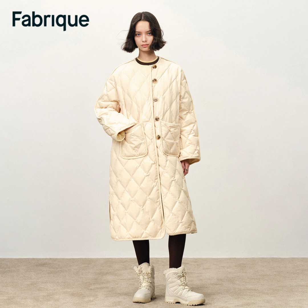Fabrique Paisley秋冬新品象牙白棉混纺白鸭绒圆领长款轻薄羽绒服