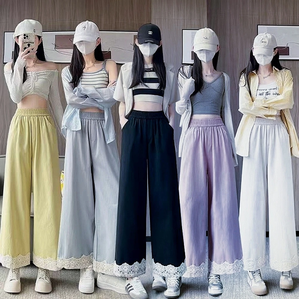 【马卡龙  系列】T夏季阔腿蕾丝花边九分裤百搭垂感