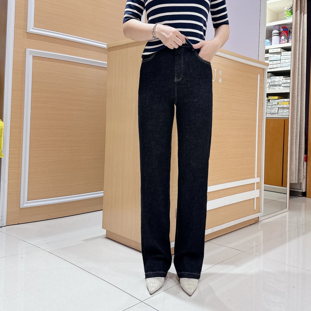 南韩直筒牛仔裤6-91826女秋冬显瘦弹力窄版阔腿长裤/长103厘米