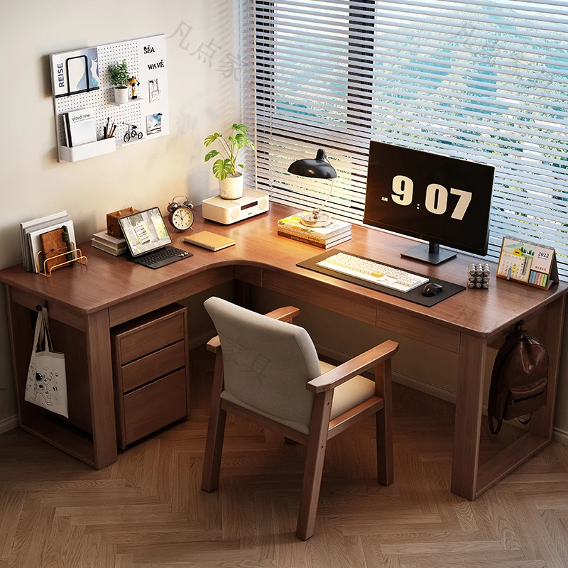 实木转角书桌椅组合L型拐角工作台家用卧室靠墙写字桌台式电脑桌