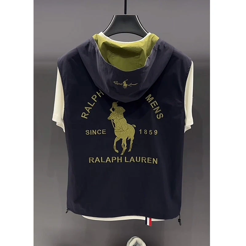 欧洲站轻奢高定大牌男装马夹2025夏季新款人马刺绣宽松连帽马甲潮