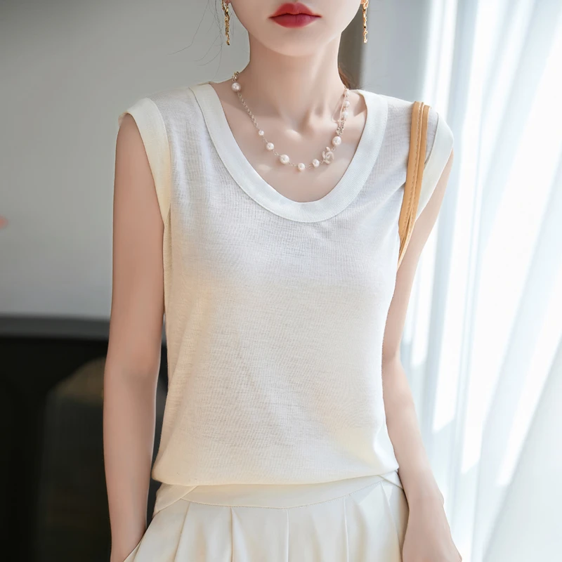 【莱赛尔】设计师U领纯色简约无袖上衣-A85