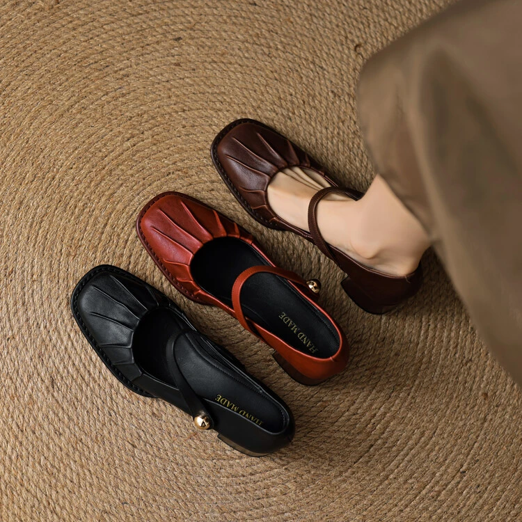 牛皮~4.5cm真皮粗跟中跟酒红色玛丽珍鞋新款褶皱方头大码浅口单鞋