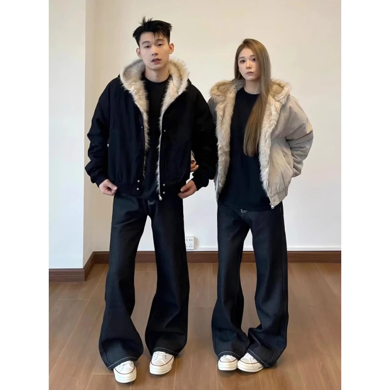 座山雕毛领设计连帽棉服外套男冬季cleanfit美式解构短款夹克棉衣