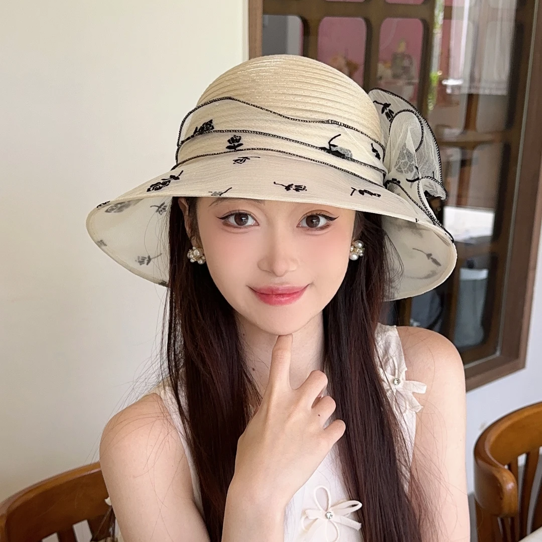 夏季欧根纱帽子女时尚优雅玫瑰花朵渔夫帽薄款透气遮阳帽防晒盆帽