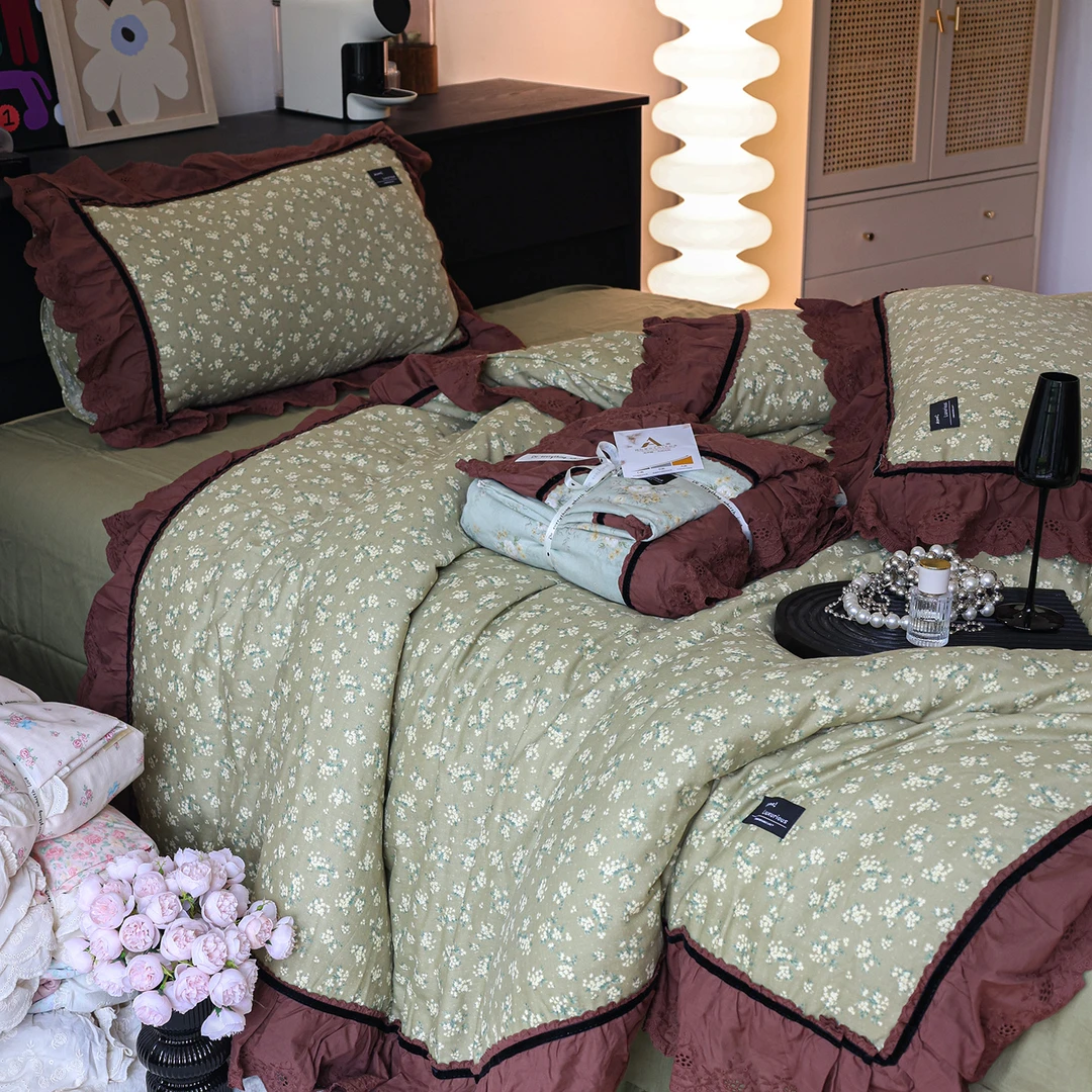 法式复古全棉双层皱皱纱四件套蕾丝花边被套柔软透气床品