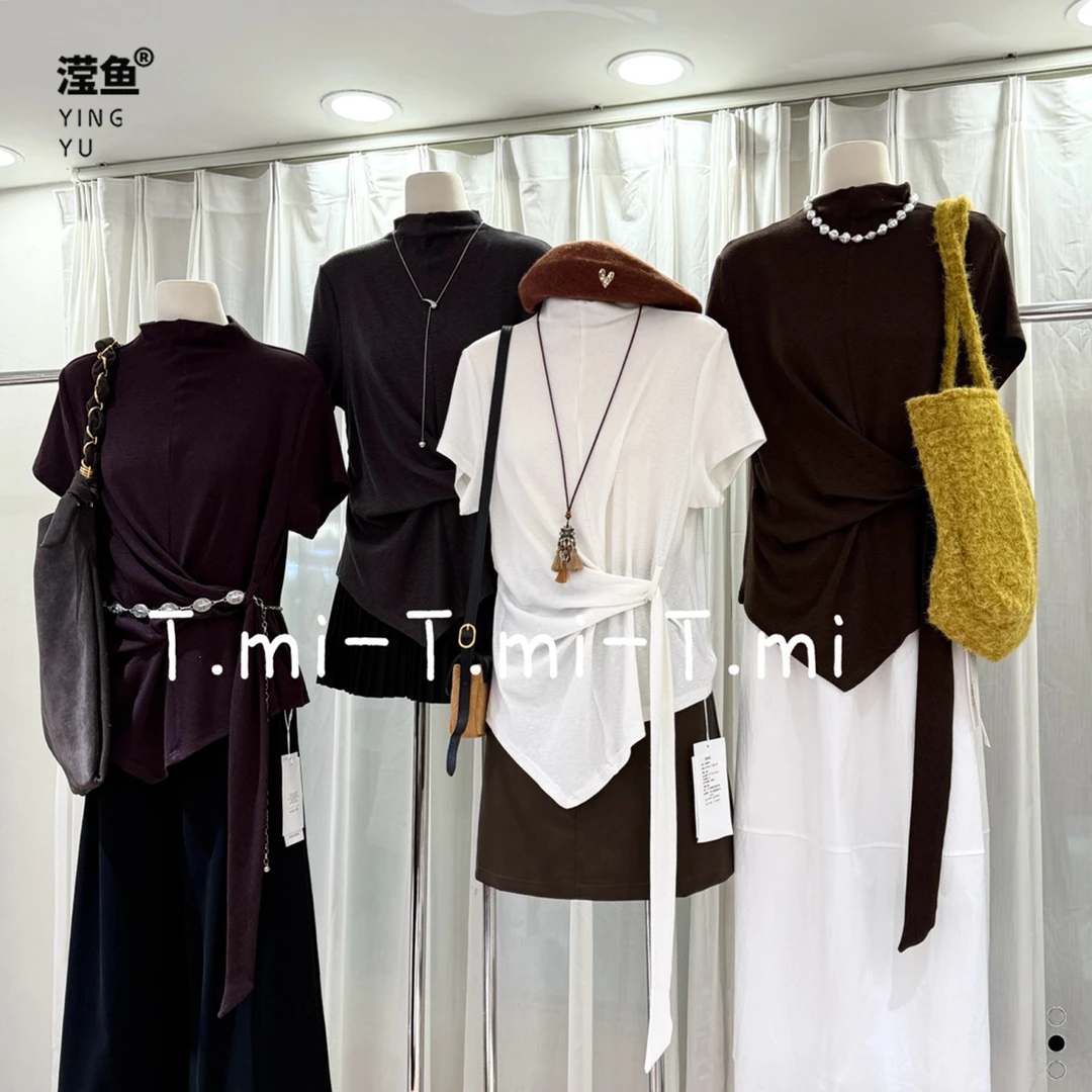 Tmi q1092大码秋季收腰显瘦打底衫半高领短袖高级感韩版打底上衣