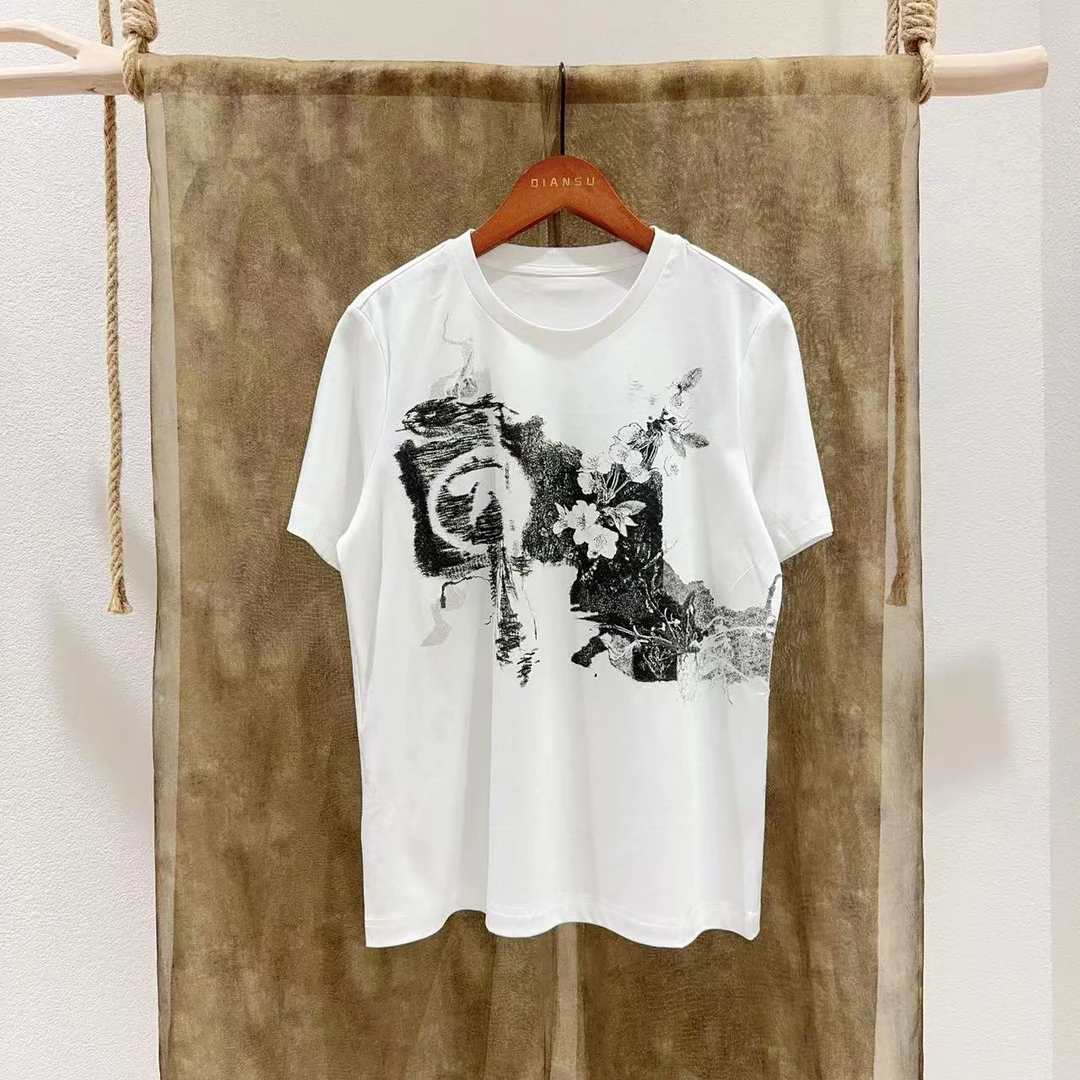 简约圆领水墨印花长绒棉T恤女T803