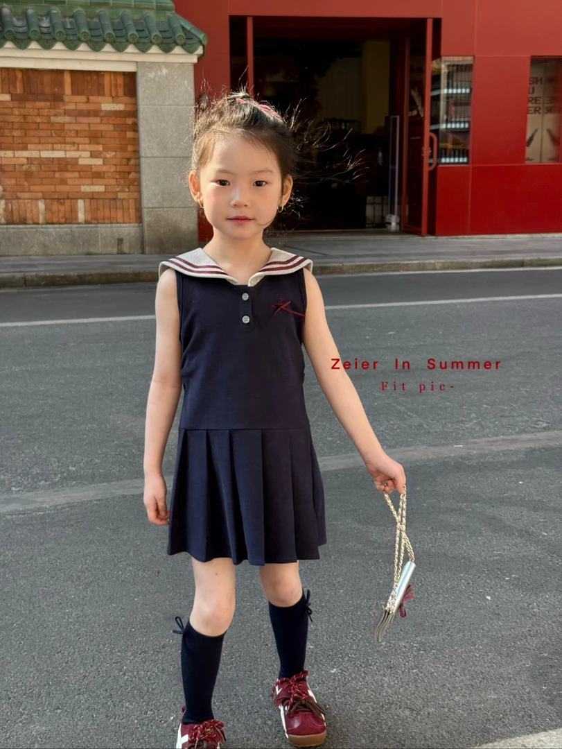 吱尔zeier 25夏连衣裙无袖百褶裙夏装女童夏季裙子纯色学院风