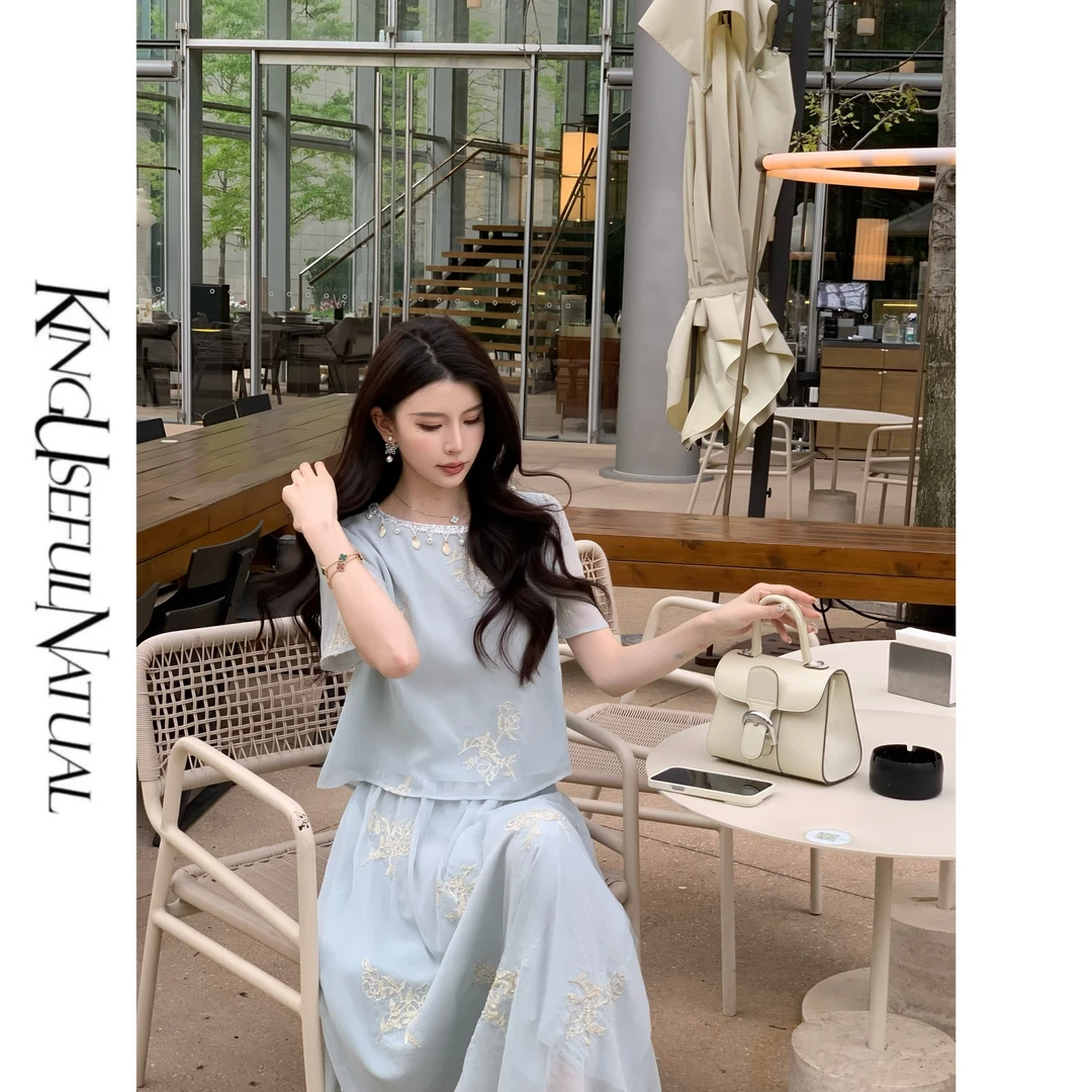 KUN【松茶情书】温柔春夏 定制金线绣花贝壳花边船领雾蓝显瘦套装