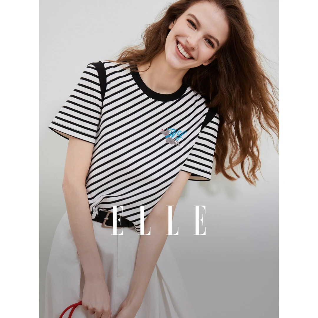 【粉丝专属】ELLE摩登条纹设计感短袖25夏新款优雅撞色休闲ET51544