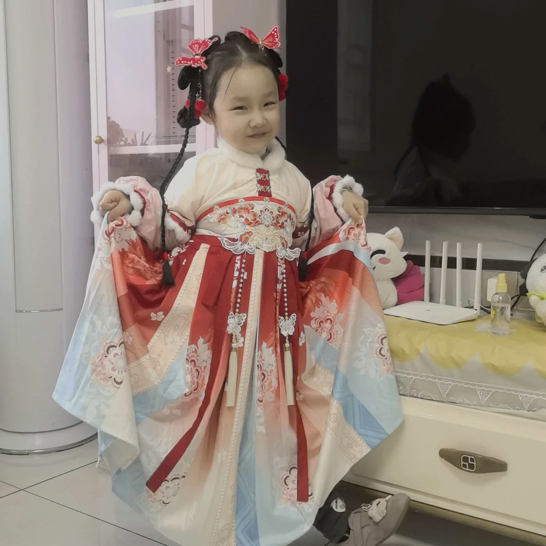 冬季女童汉服加厚加绒中国风古风拜年服连衣裙