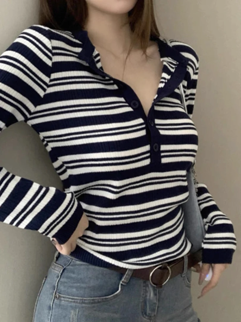 深圳南油白桃美美 条纹撞色V领长袖显瘦针织衫修身显瘦韩版A3238
