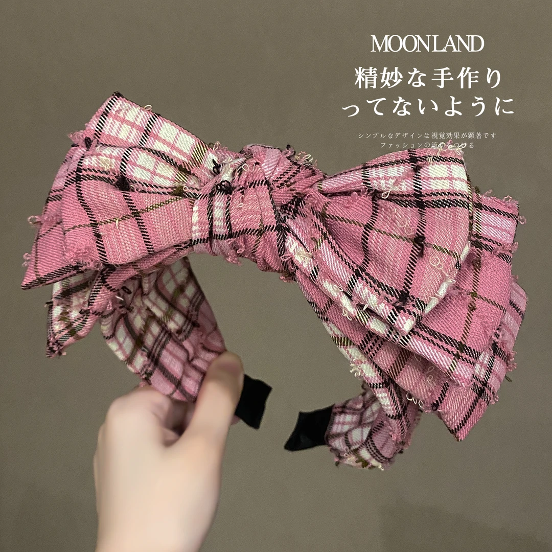 格子布艺蝴蝶结发箍女高颅顶日常外戴发卡宽边遮白发洗脸压发头箍