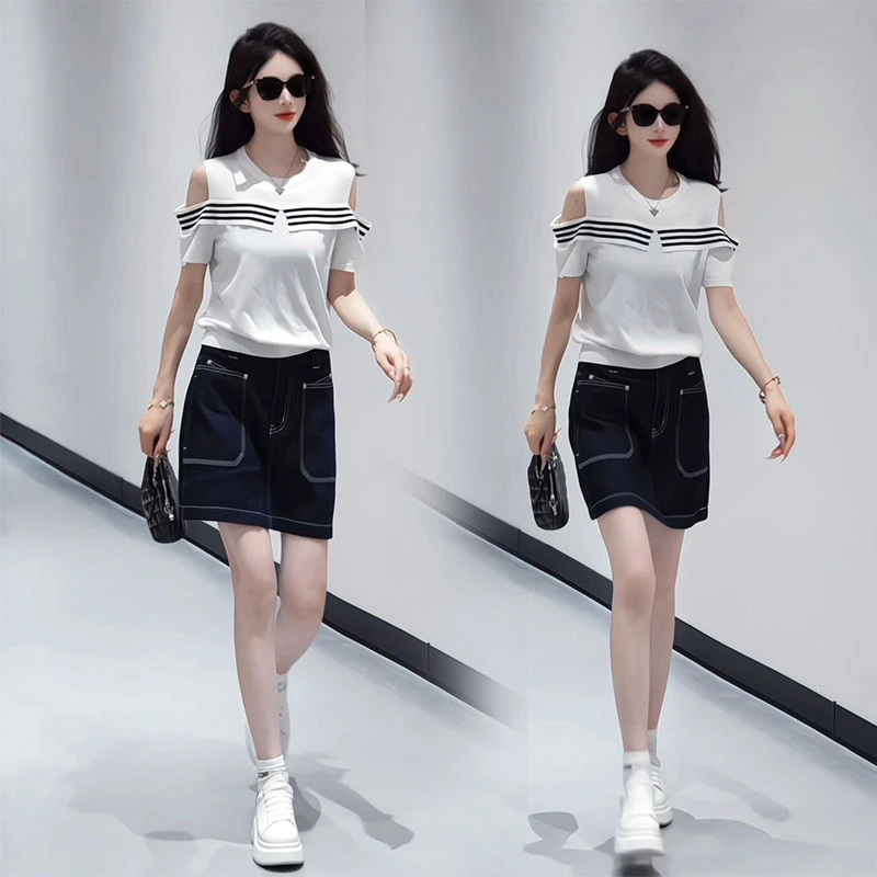 时尚夏季小个子气质套装露肩显瘦短袖上衣高级感百搭短裙两件套装