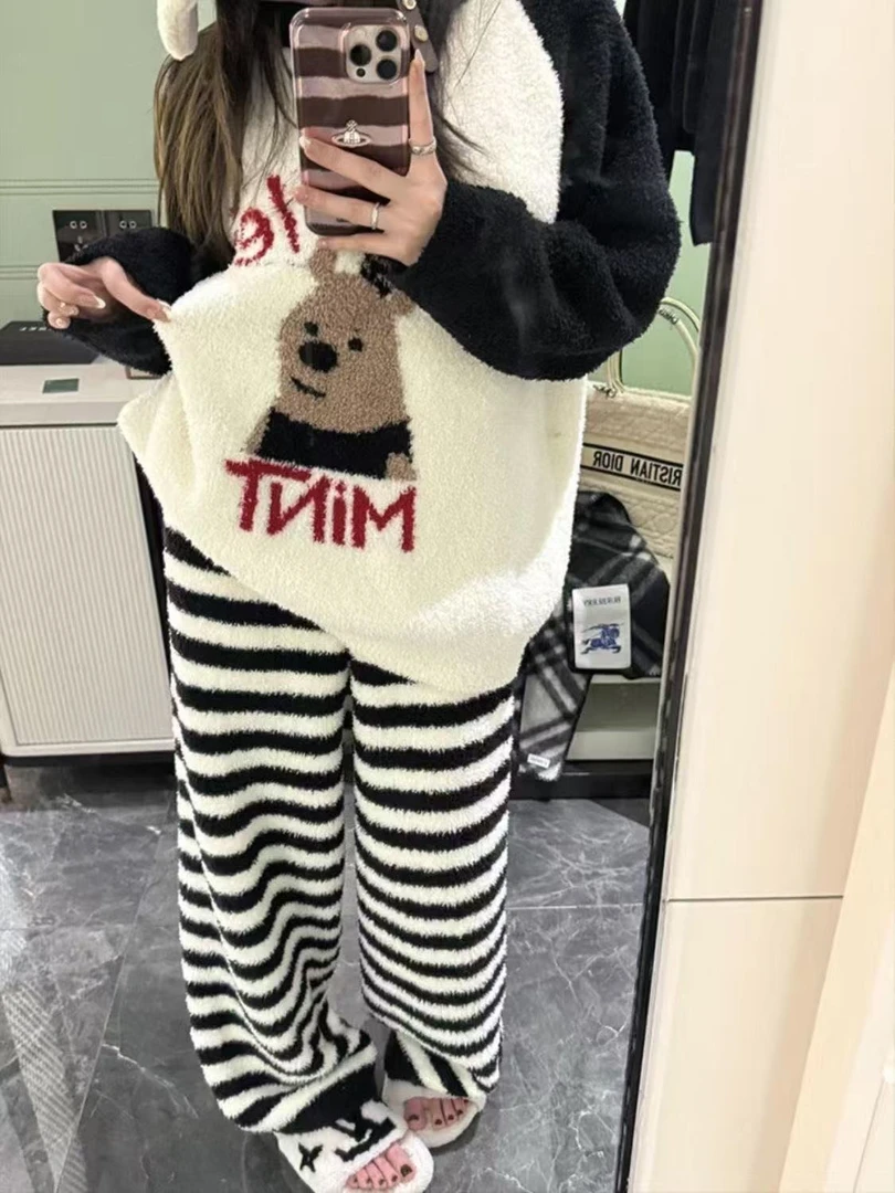 【小乖专属】可爱小熊睡衣女秋冬季新款加绒半边绒保暖家居服可外穿