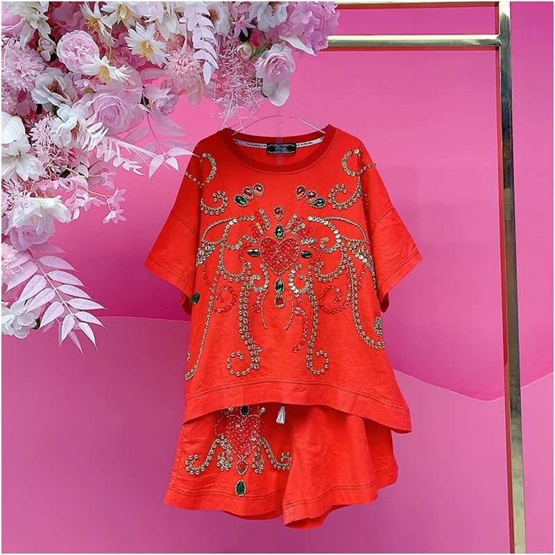 A1930欧美设计师2025夏季新款重工刺绣亮片宽松短袖休闲T恤套装