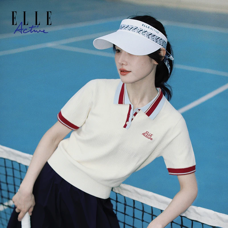 ELLE Active夏季休闲百搭彩条翻领针织衫女款时尚短袖polo衫上衣