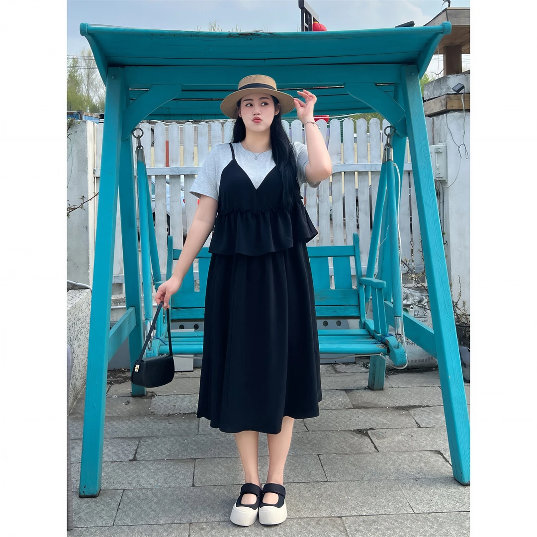 曼谷情画 / 甜酷设计感假两件连衣裙14822花契大码200斤胖mm夏季