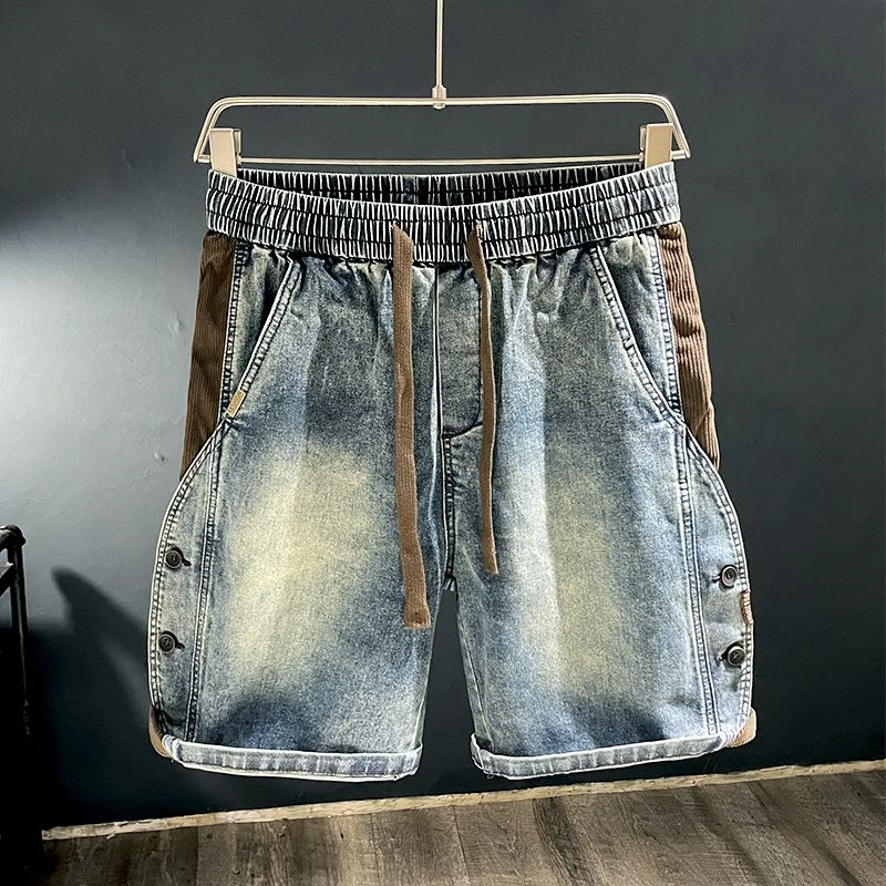 美式复古拼接排扣牛仔短裤男潮牌宽松直筒五分裤夏季薄款工装中裤