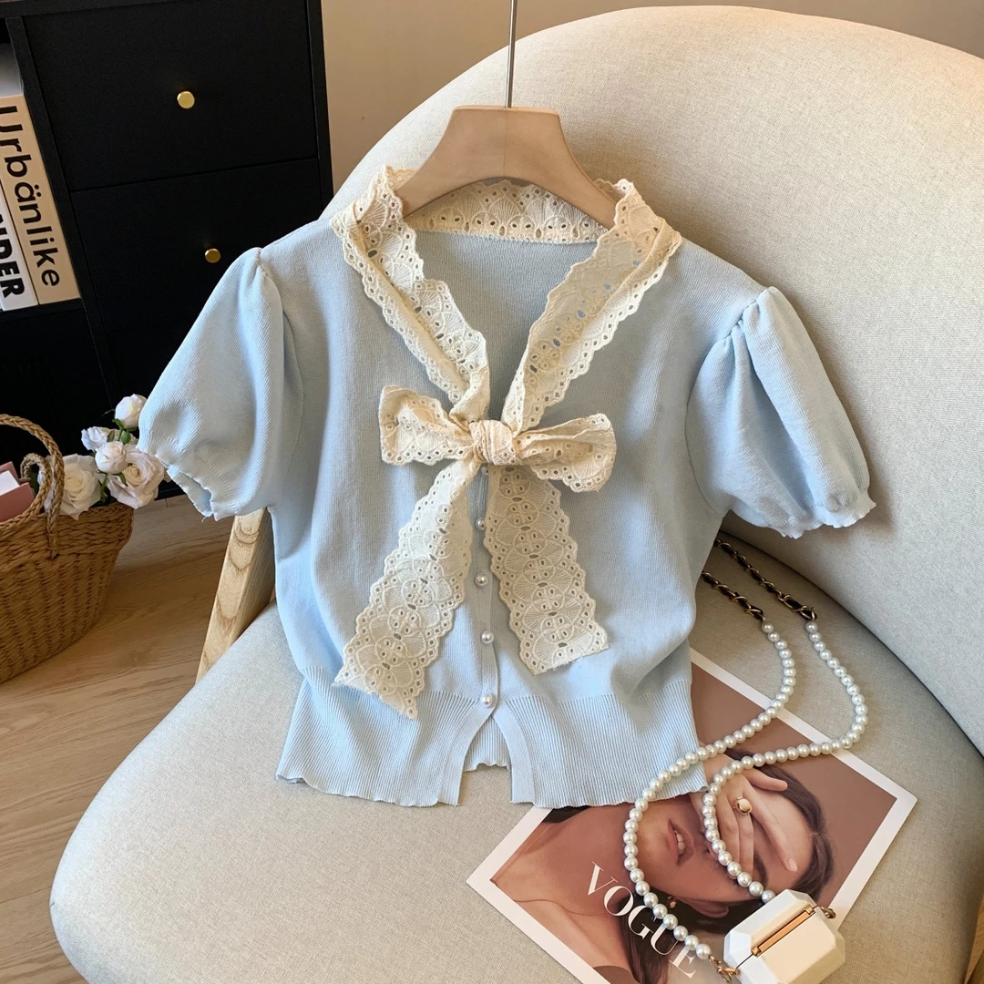 法式蝴蝶结蕾丝绑带针织衫女2025夏季新款甜美风薄款小众别致小衫