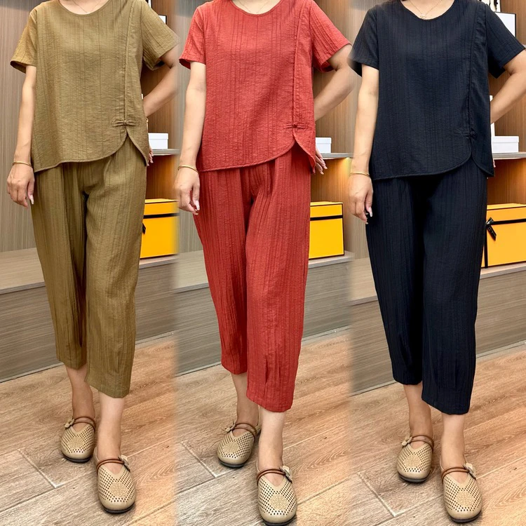 气质中老年妈妈时尚夏装新款大码显瘦透气短袖套装休闲薄款宽松