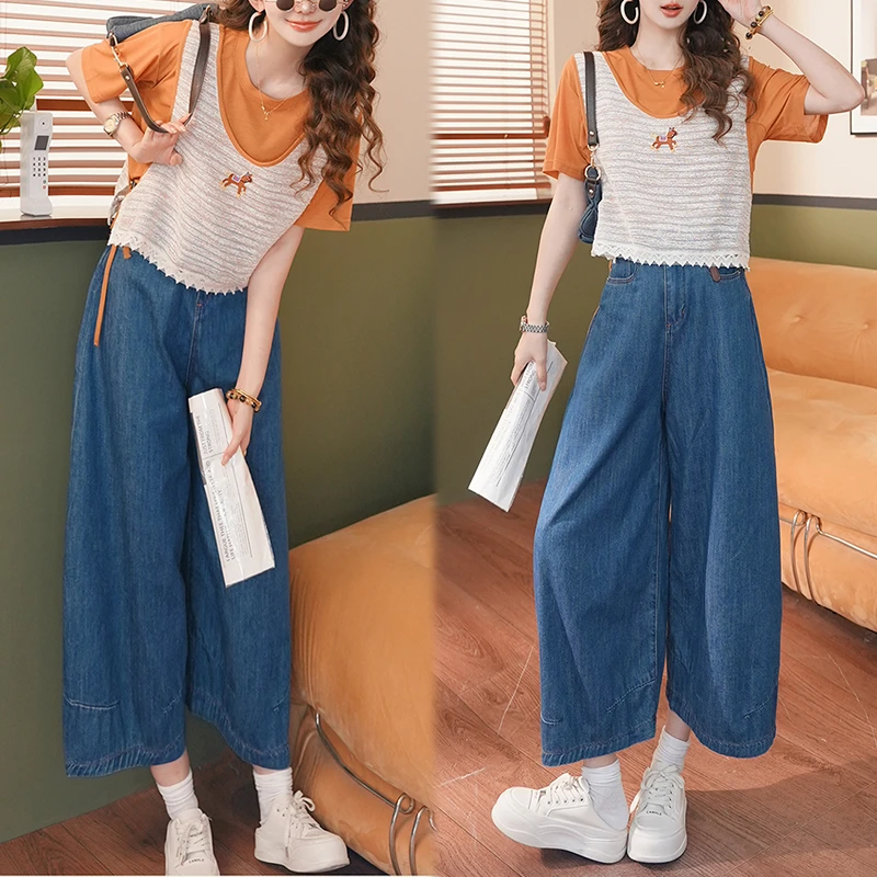 港风复古时尚套装女2025新款假两件撞色短袖t恤弯刀牛仔裤两件套