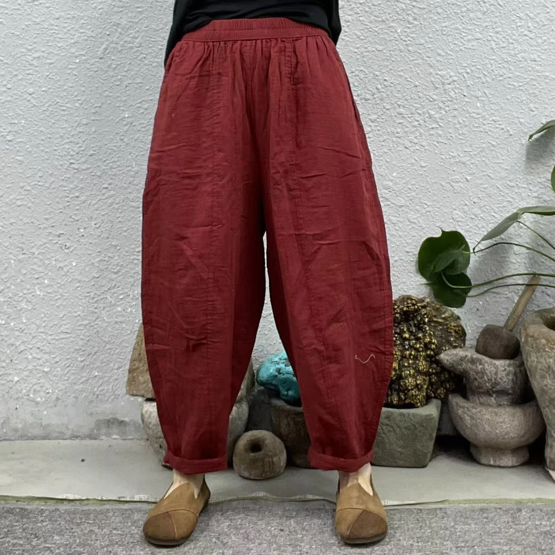 30312竖经外侧绣横三条杠水洗双层纱休闲裤（长90臀围132脚口42