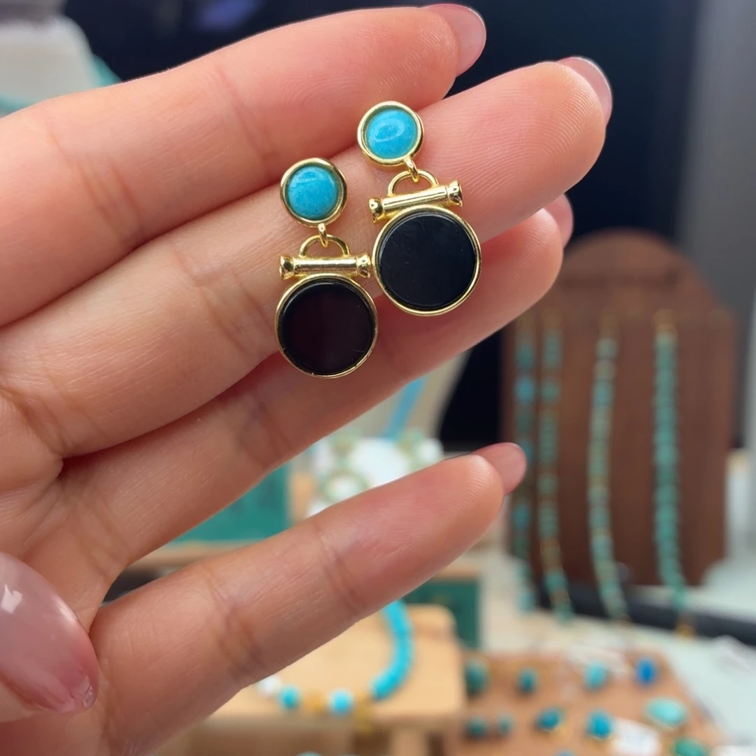 绿松石银S925镀金镶嵌耳饰