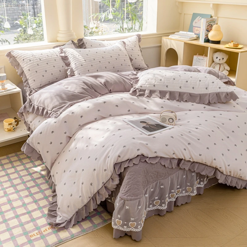 2025直播热款A类针织双层纱床盖四件套ab版纯色床盖花边被套