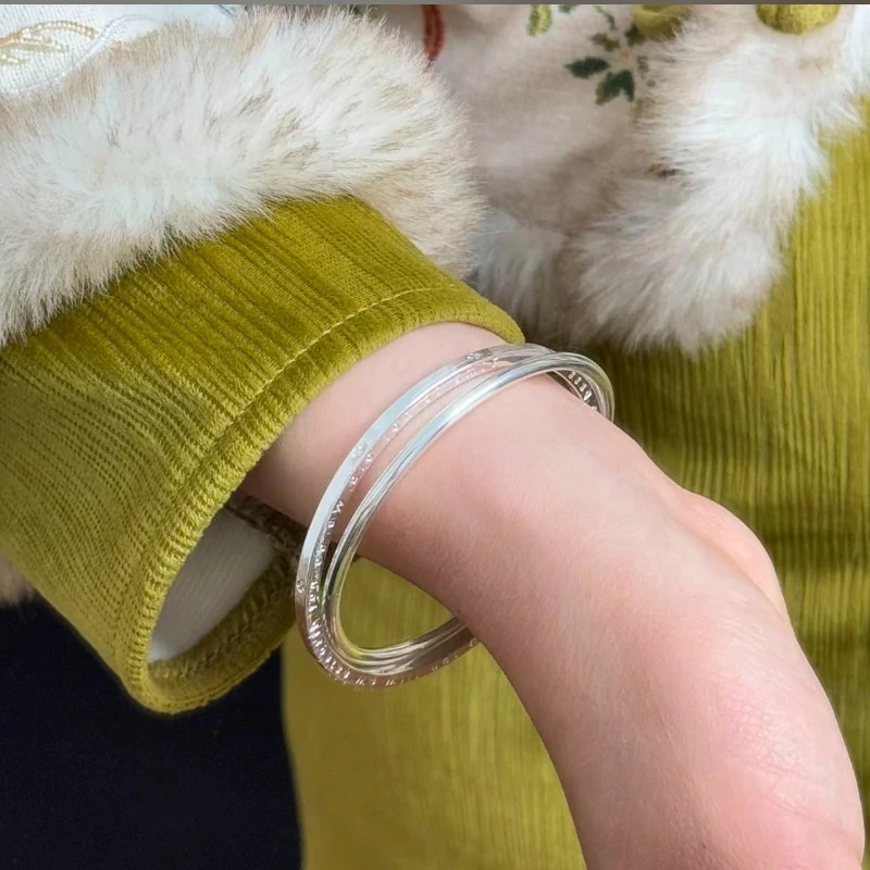 足银手镯 足银35号【双环四叶草】足银999手镯实心开口22g简约百