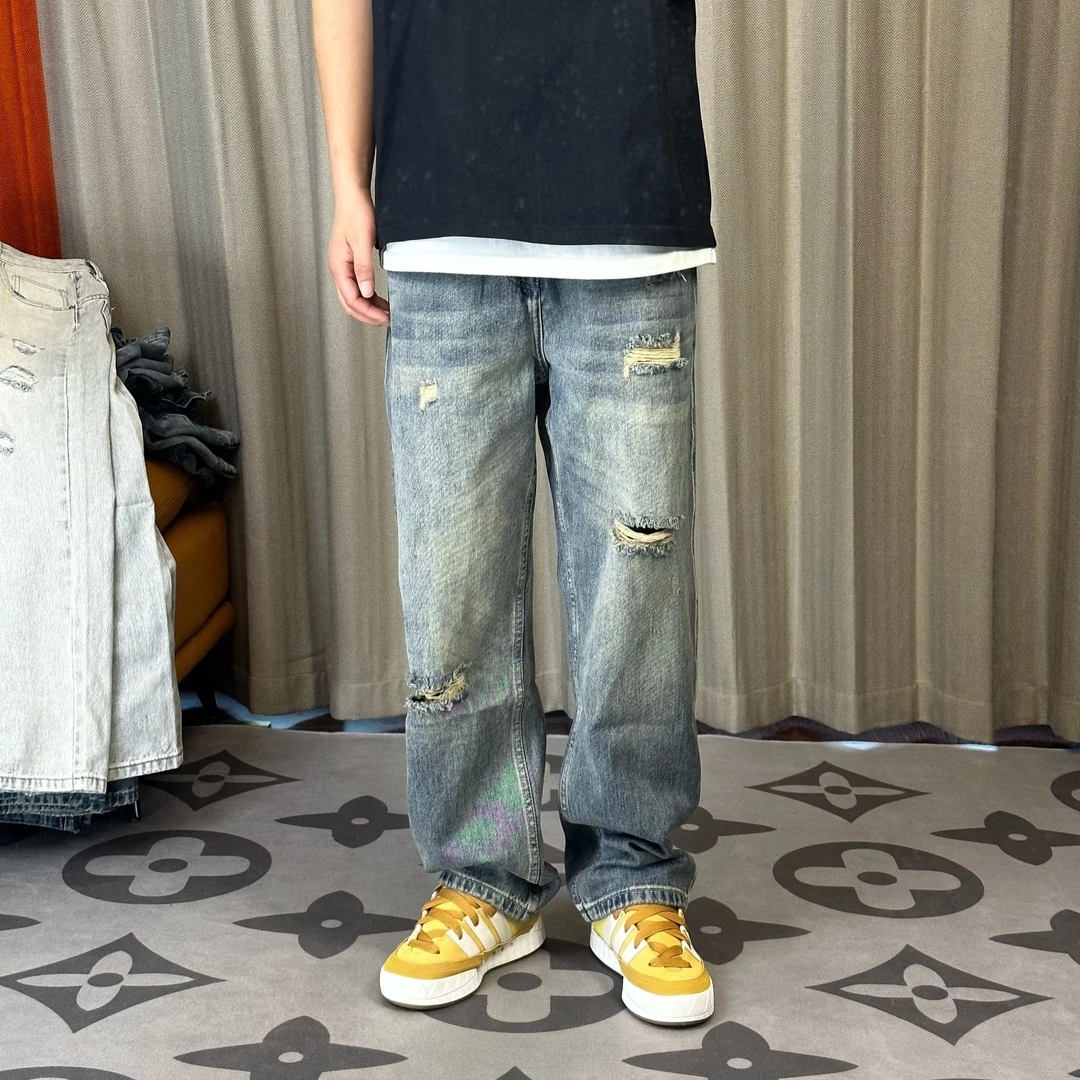 春夏新款美式潮牌学生直筒破洞水洗丐裤宽松显瘦痞帅百搭牛仔裤男