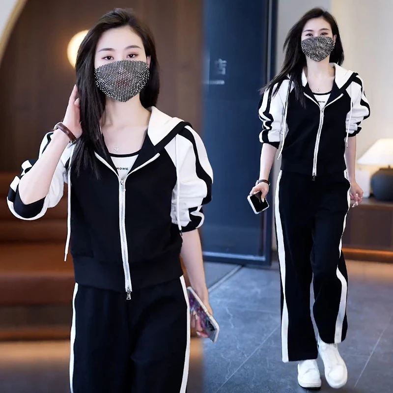 休闲运动服女士套装2025年春秋新款时髦洋气外套宽松阔腿裤两件套