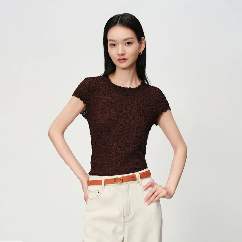 EP雅莹2025新款女装 真丝肌理感小衫收腰修身短袖上衣5503A
