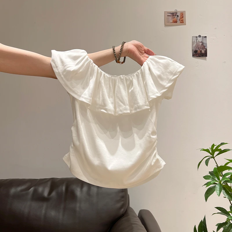 白色纯欲一字肩荷叶边短袖T恤女2025夏季新款辣妹收腰短款上衣潮